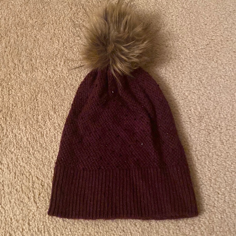 Ralph Lauren Fur Pom Pom Winter Hat with Black crystal beads